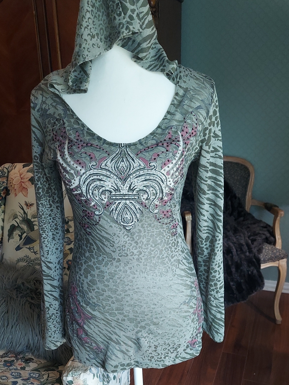 Olive Green Hooded Long-Sleeve Embellished Tunic Dress
